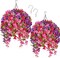 2 Sets (12 Bundles) Artificial Hanging Hibiscus Flowers – UV-Resistant Silk Faux Hanging Plants in Coconut Baskets for Patio, Porch, Garden, Balcony, Outdoor Home Decor (Pink, Red & Purple)